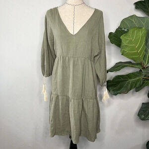 Anthropologie Saturday Sunday Green Short Midi Dress Sz XS Boho Flowy Linen Feel